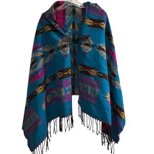 Women's Hooded Poncho Cape Shawl Bohemian Aztec Fringe